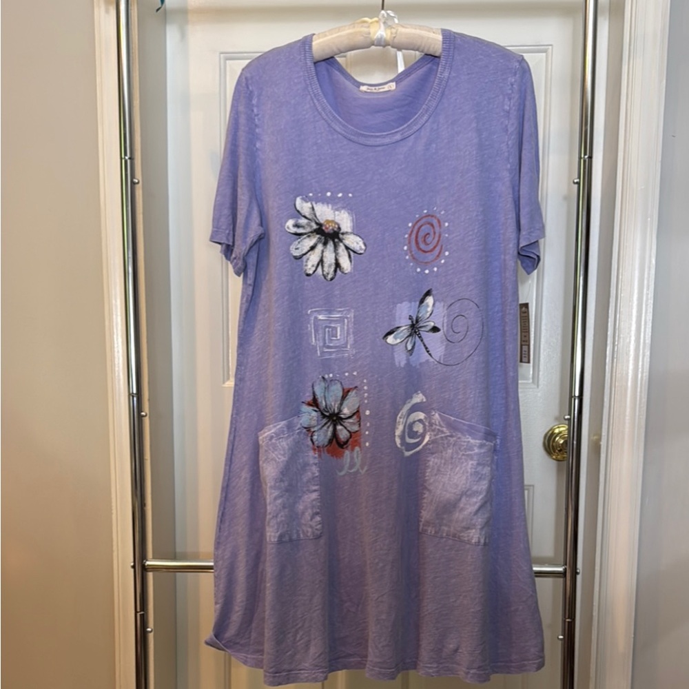 NEW!! Jess & Jane 100%Cotton Purple Graphic T-Shirt Dress with Pockets